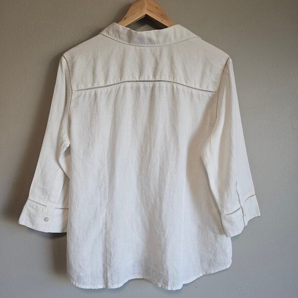 Eddie Bauer Top Womens L White Linen 3/4 Sleeve Button Down Eyelet Coastal Chic - Picture 5 of 8